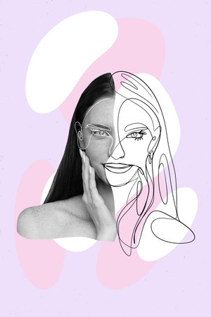 Creative sketch collage of charming aesthetic youn glady portrait drawn by hand artist advertise beauty cream lotionの写真素材