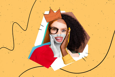 Poster banner collage of weird exclusive lady wearing painting tiara enjoy her look body positivity conceptの写真素材