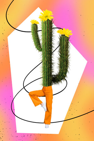 Creative template of strange person with green cactus body dancing nature care ecology conceptの写真素材