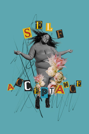 Collage artwork graphics picture of happy curvy lady dancing having self acceptance isolated painting backgroundの写真素材