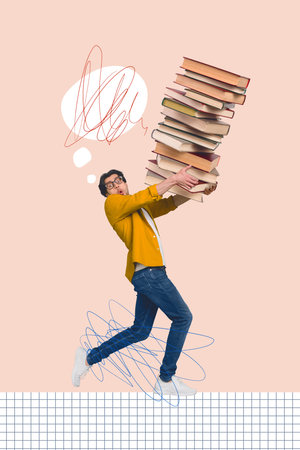 Creative 3d photo artwork graphics collage painting of impressed funny guy holding big huge book stack isolated drawing backgroundの写真素材