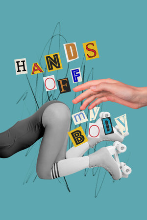 Collage 3d pinup pop retro sketch image of lady booty asking hands off her body isolated painting backgroundの写真素材