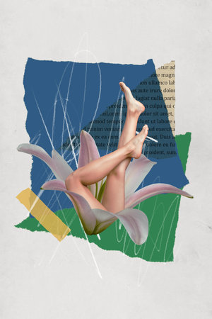 Creative abstract template graphics collage image of slim sexy lady legs growing inside fresh flower isolated drawing backgroundの写真素材