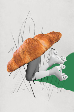 Creative 3d photo artwork graphics collage painting of fresh croissant walking lady legs wear rollers isolated drawing backgroundの写真素材