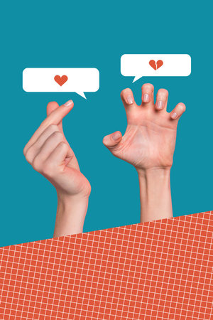 Creative 3d photo artwork graphics collage painting of love arm dislike angry hand isolated drawing backgroundの写真素材