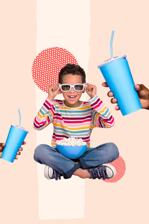 Collage 3d pinup pop retro sketch image of excited funny small kid watching movie enjoying snacks isolated painting backgroundの写真素材