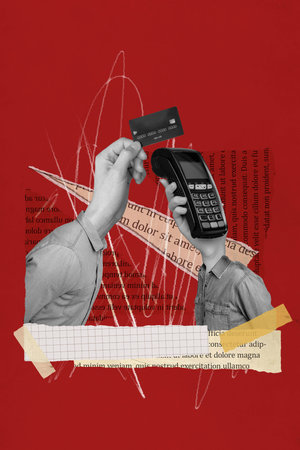 Collage 3d pinup pop retro sketch image of lady guy paying online purchases instead of head isolated painting backgroundの写真素材