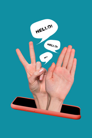 Photo cartoon comics sketch collage picture of arms growing screen waving palm showing v-sign...