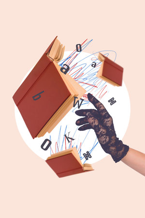 3d retro abstract creative artwork template collage of lace arm choosing book read isolated painting backgroundの写真素材