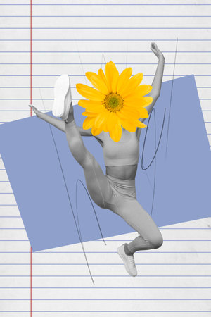 Creative 3d photo artwork graphics collage painting of carefree lady flower instead head isolated drawing backgroundの写真素材