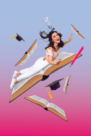 Composite creative minimal template 3d collage young girl writer author flying open book idea interesting topic isolated over gradient backgroundの写真素材