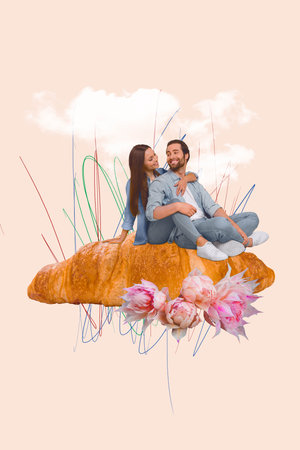 Creative retro 3d magazine collage image of happy smiling couple cuddling sitting big croissant isolated painting backgroundの写真素材