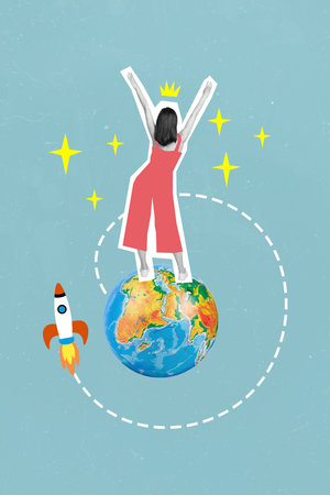 Creative photo collage of painted silhouette girl standing on earth planet globe addicted traveler...