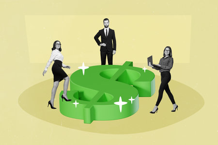 Creative template magazine pop collage of three people accountants use netbook analyze company financial income developmentの写真素材