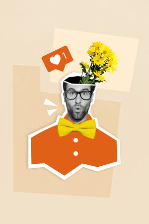 Addicted on social network life blogger guy wear yellow bow tie orange shirt bouquet inside empty head beautiful but idiotの写真素材