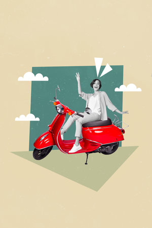 Creative poster magazine collage of funny young lady travel outdoors countryside enjoy fast speed motorbikeの写真素材