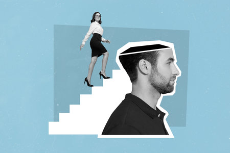 Retro poster collage of black white color two business people lady manager climb up man head teamwork conceptの写真素材
