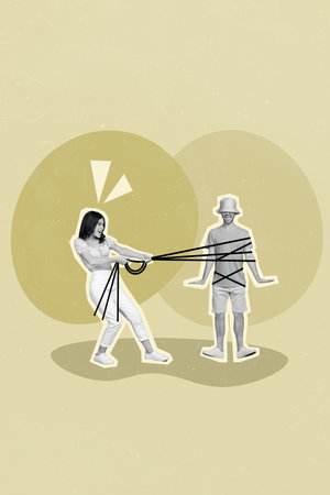 Poster banner collage of strong woman trap guy with string ropes girls power ruling feminism conceptの写真素材