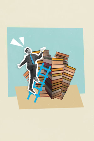 Overjoyed funny businessman climbing upstairs big ladder reach up to get new book pile stack private library fond of readingの写真素材