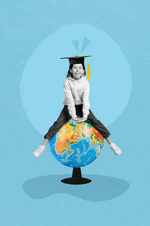 Small girl school girl sitting on big globe globus ball favorite subject geography lesson isolated painted colored blue backgroundの写真素材