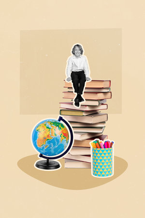 Cute little boy sitting on big book stack doing homework back to school concept have globe map markers for drawing creative collageの写真素材