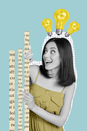 Creative collage photo of young excited businesswoman startup genius invention lightbulb look words education decision isolated on blue backgroundの写真素材