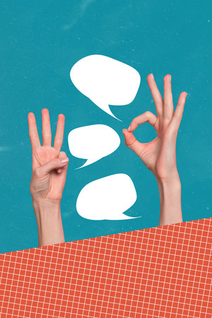 Artwork magazine collage picture of arms showing okey three fingers chatting emtpy space isolated drawing backgroundの写真素材