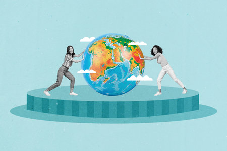 Poster banner magazine collage of two people girls push round earth planet environmental protection conceptの写真素材