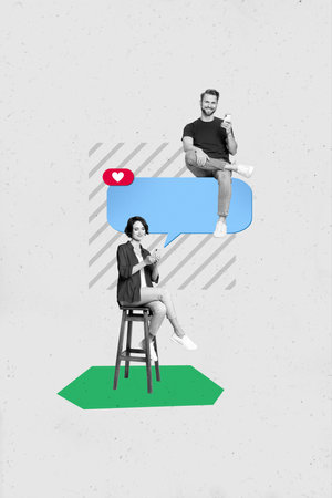 Creative magazine template collage of two people influencers have conversation liking using web forum gadgetの写真素材
