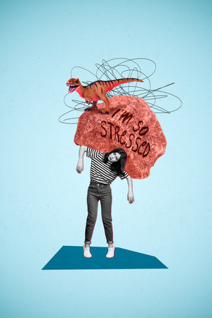 Weird surreal collage of stressed woman carry shoulders huge rock burden problems exhaustion conceptの写真素材