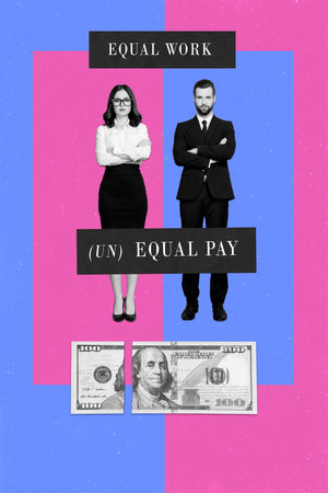 Conceptual collage picture with woman and man business people fighting for equal pay salary conditions human equalityの写真素材