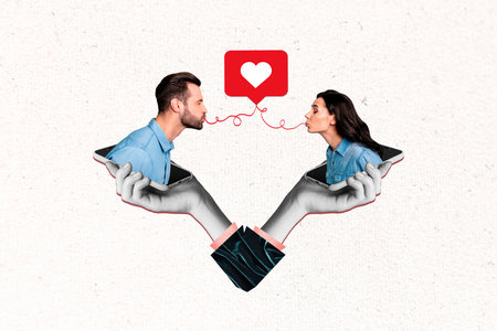 Poster banner collage of two people bloggers find true love online website dating application kiss press like heart button clickの写真素材