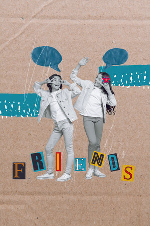 Collage artwork graphics picture of funny funky children communicating showing v-signs isolated painting backgroundの写真素材