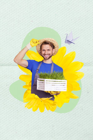 3d retro abstract creative artwork template collage of smiling happy guy growing fresh plants isolated painting backgroundの写真素材