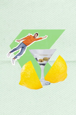 Photo cartoon comics sketch collage picture of funny happy guy flying exited friday evening isolated drawing backgroundの写真素材