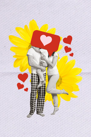 Artwork magazine collage picture of happy couple holding little child heart feedback cover close faces isolated drawing backgroundの写真素材