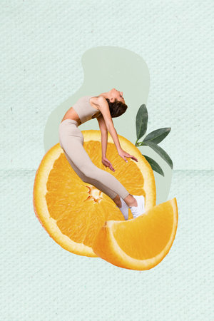 Photo collage artwork minimal picture of slim sporty lady enjoying fruit energy isolated drawing backgroundの写真素材