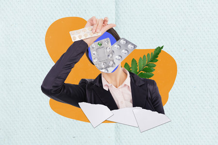 Creative abstract composite collage sketch photo of sad stressed woman has headache take pills at work isolated painted backgroundの写真素材