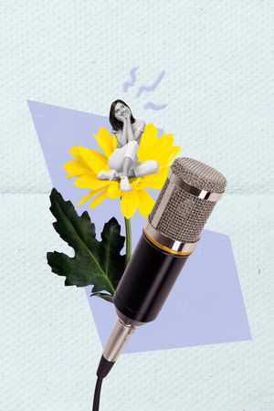 Collage 3d pinup pop retro sketch image of happy dreamy lady sitting flower singing karaoke isolated painting backgroundの写真素材