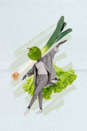Exclusive magazine picture sketch collage image of carefree lady green apple instead head isolated painting backgroundの写真素材