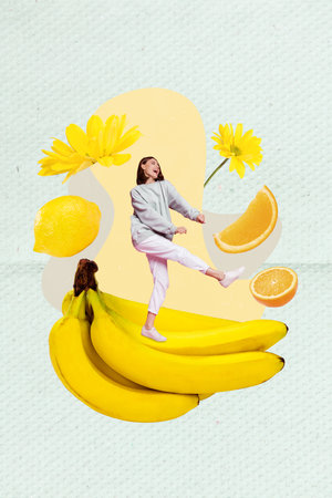 Creative retro 3d magazine collage image of funny smiling lady having fun dancing bananas isolated painting backgroundの写真素材