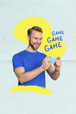 Creative retro 3d magazine collage image of excited funky guy playing game modern device isolated painting backgroundの写真素材