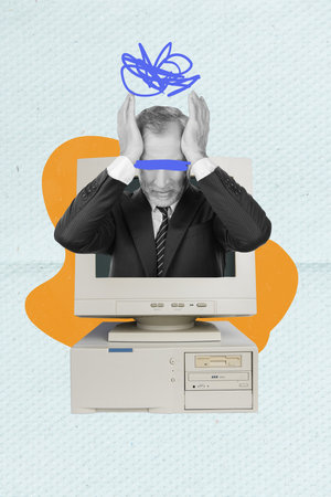 Photo cartoon comics sketch collage picture of annoyed guy having head ache inside desktop isolated drawing backgroundの写真素材