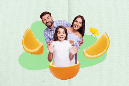 Creative template graphics collage image of smiling funny parents small kid enjoying oranges together isolated drawing backgroundの写真素材