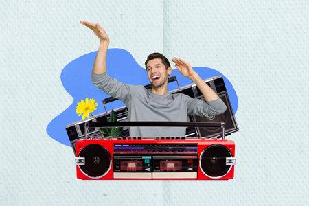 Exclusive magazine picture sketch collage image of smiling happy guy listening boom box dancing isolated painting backgroundの写真素材