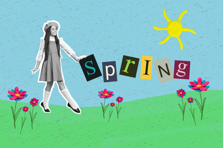 Exclusive magazine picture sketch collage image of dreamy smiling small kid walking enjoying spring flowers isolated painting backgroundの写真素材
