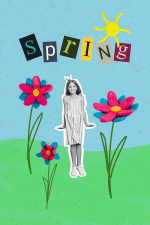 Artwork magazine collage picture of excited smiling little child flying jumping between spring flowers isolated drawing backgroundの写真素材