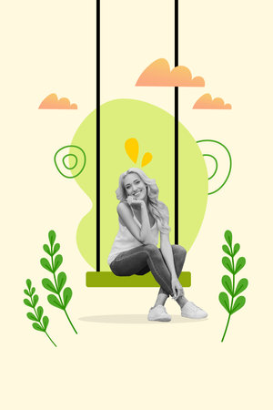 Vertical artwork photo collage young pretty lady enjoy beauty of nature connection sit swing play backyard spring summer holidaysの写真素材
