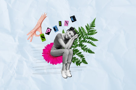 Fantasy image picture artwork collage of cheerful pretty girlfriend sitting pink gerbera enjoy favorite season white drawing backgroundの写真素材