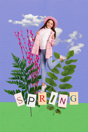 Creative image collage picture sketch of positive lovely schoolgirl celebrate discount enjoy warm weather isolated on drawing backgroundの写真素材